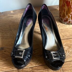 Alfani Black patent leather Peep-Toe Heels with Silver Buckle